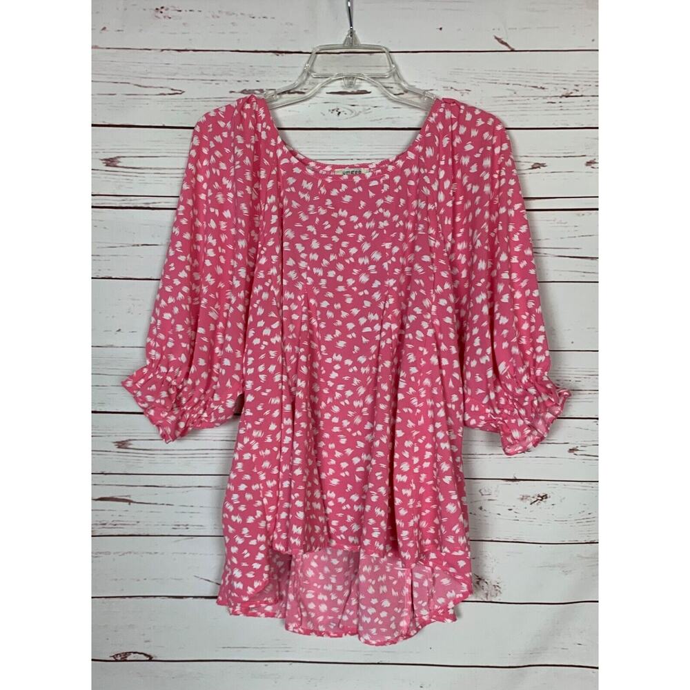 Umgee USA Boutique Women's M Medium Pink white Puff Sleeve Babydoll Top Blouse